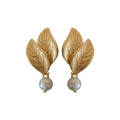 Textured Leaf Drop Earrings With White Faux Pearl Accents view 5