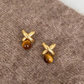 Gold Tone X Stud Earrings With Brown Round Drops Matching Jewelry Pair view 3