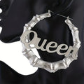 Queen Script Bamboo Hoop Earrings In Two Metal Tones view 1