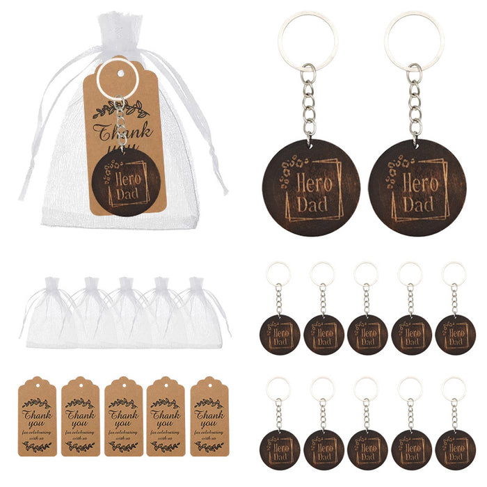 Dark Wood Round Hero Dad Engraved Keychain Ring Metal Charm