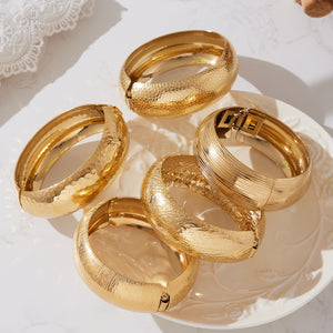 Wide Textured Hinged Bangles in Five Gold Tone Patterns