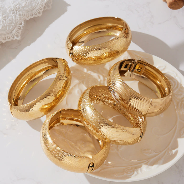 Wide Textured Hinged Bangles in Five Gold Tone Patterns