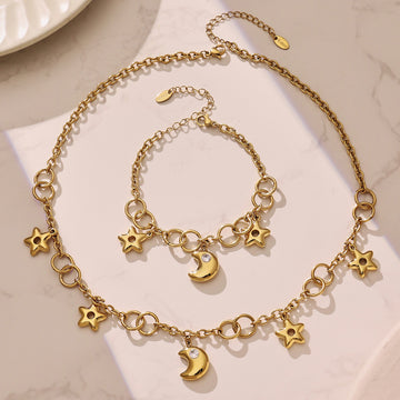 Star Moon Charm Necklace Bracelet Set Two-Tone Steel