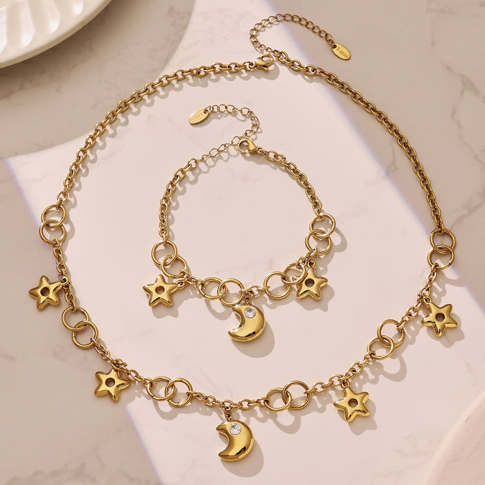 Star Moon Charm Necklace Bracelet Set Two-Tone Steel