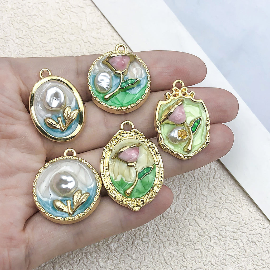 Vintage Zinc Alloy Oil Painting Bouquet charm pendants for DIY earrings necklace keychain