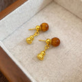 Brown Bead Gourd Drop Stud Earrings With Gold Tone Charms view 6