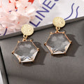 Gold Textured Disc Hexagon Crystal Drop Earrings Four Colors view 3