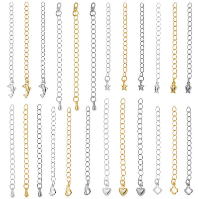 Front overview of eight charm metal extension chains in three finishes arranged by finish and size