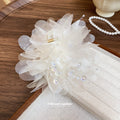 Ivory Mesh Flower Hair Claw Clip Pearl Bead Accents view 2