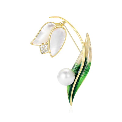 Gold lily of the valley mother of pearl brooch green leaf