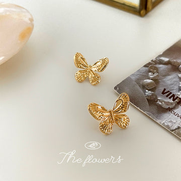 Gold Tone Sculpted Textured Butterfly Stud Earrings For Women
