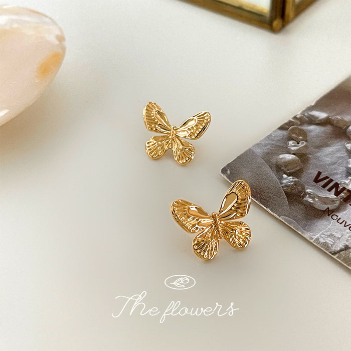 Gold Tone Sculpted Textured Butterfly Stud Earrings For Women