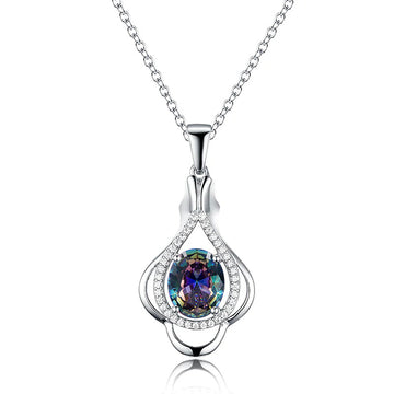 Silver Teardrop Mystic Rainbow Oval Stone Pendant Necklace