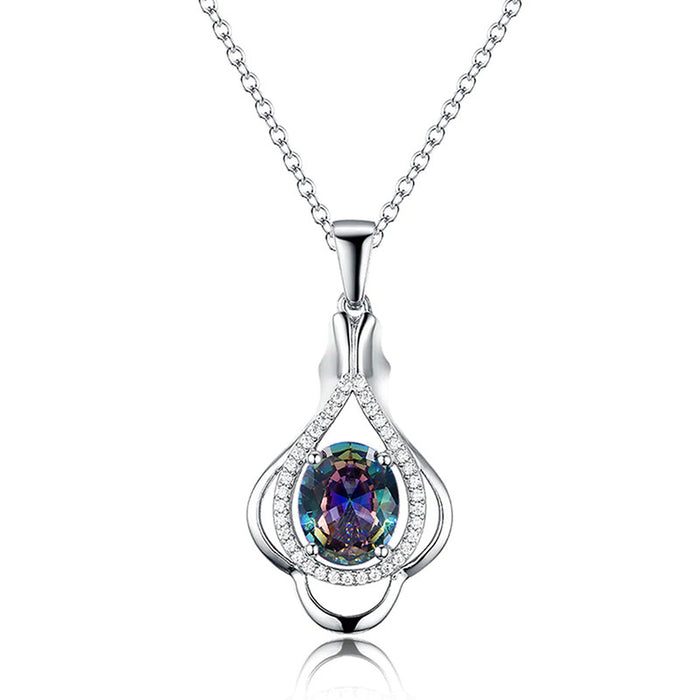 Silver Teardrop Mystic Rainbow Oval Stone Pendant Necklace