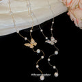 Rhinestone Butterfly Pearl Lariat Necklace Silver Gold view 4
