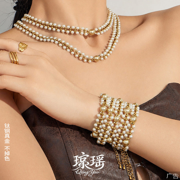 Double Row Pearl Necklace and Bracelet Collection Set