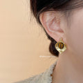Hammered Leaf Stud Earrings Gold Tone with Tiger Eye view 2