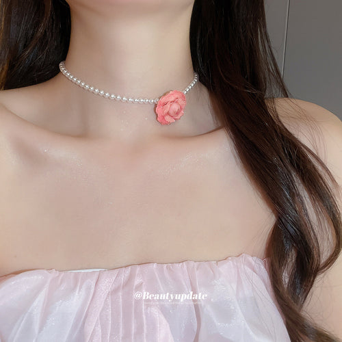 Pink Rose Pendant White Beaded Choker Necklace shown worn for scale and styling