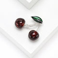 Glossy Red Cherry Brooch Green Leaf Gold or Silver Stem view 4