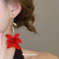 Red Layered Flower Drop Earrings in Gold Tone Statement Jewelry view 4