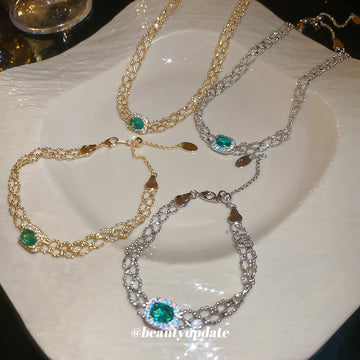 Lattice Mesh Green Halo Stone Necklace and Bracelet