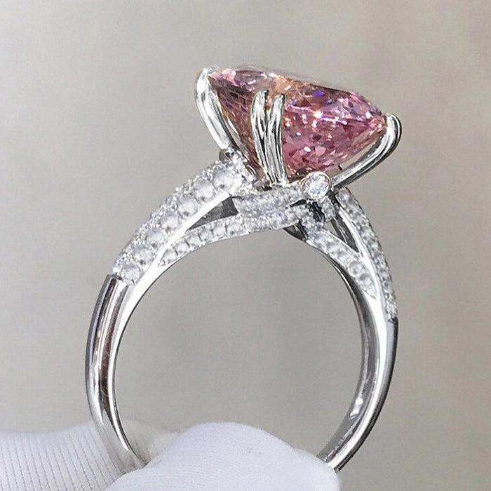 Oversized Pink Oval Solitaire Pave Ring In Silver Tone