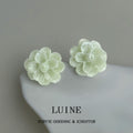 Mint Green Pearlescent Camellia Flower Stud Earrings view 3