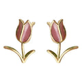 Gold Tone Pink Tulip And Green Stem Stud Earrings For Women view 5