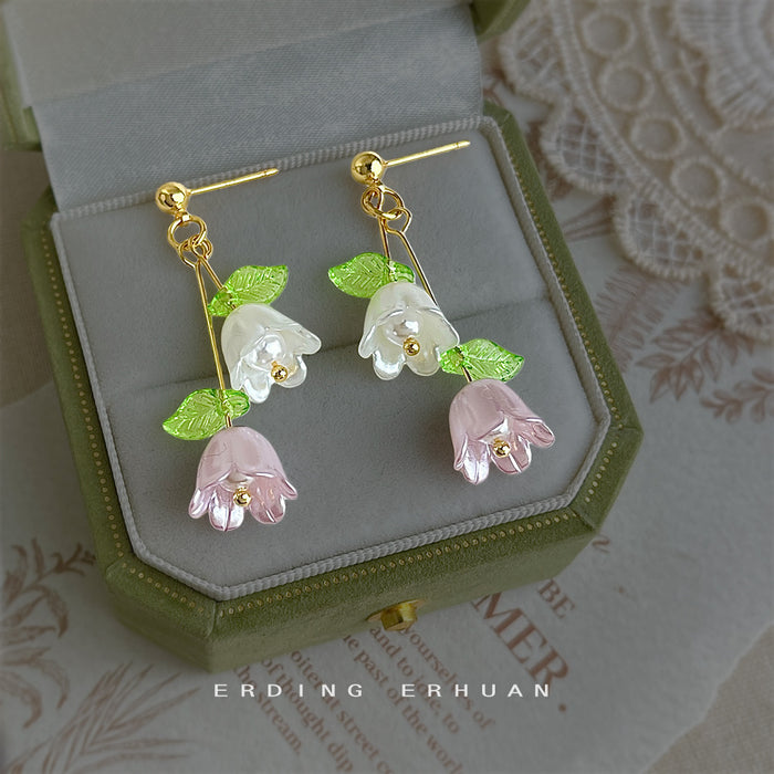 Gold Lily of the Valley Pink White Flower Drop Earrings