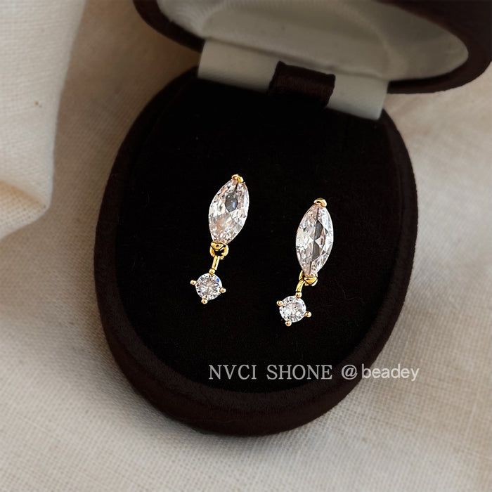 Gold Marquise Clear CZ Drop Earrings Round Dangle Pair