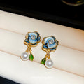 Blue Rose Floral Stud Earrings with Round Faux Pearl Drop view 4