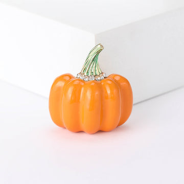 Orange Enamel Pumpkin Brooch Green Stem Rhinestone Pin
