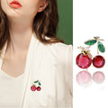 Red Crystal Cherry Bee Brooch Pearl Green Leaf Accents view 2