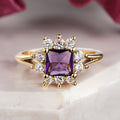 Gold Purple Square Sunburst Halo Cubic Zirconia Ring view 2