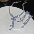 Silver Butterfly Rhinestone Necklace Matching Tassel Earrings view 1