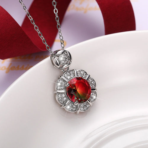 Silver Tone Floral Halo Multicolor Crystal Necklaces angled detail