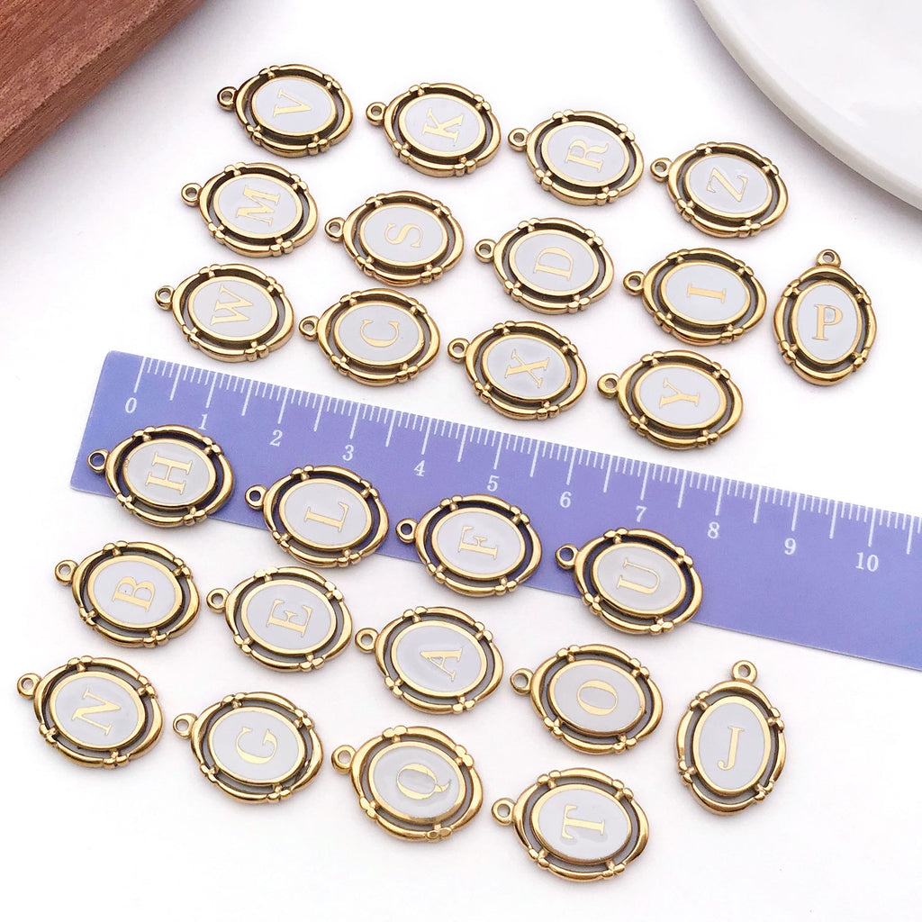 White Enamel Stainless Steel Oval Alphabet Letter Charm Pendant for DIY Necklace Keychain
