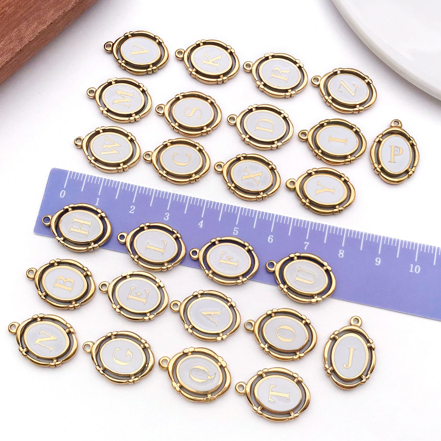 White Enamel Stainless Steel Oval Alphabet Letter Charm Pendant for DIY Necklace Keychain