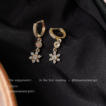 Gold Crystal Paved Huggie Hoop Flower Drop Earrings Pair