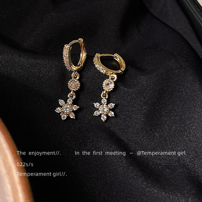 Gold Crystal Paved Huggie Hoop Flower Drop Earrings Pair