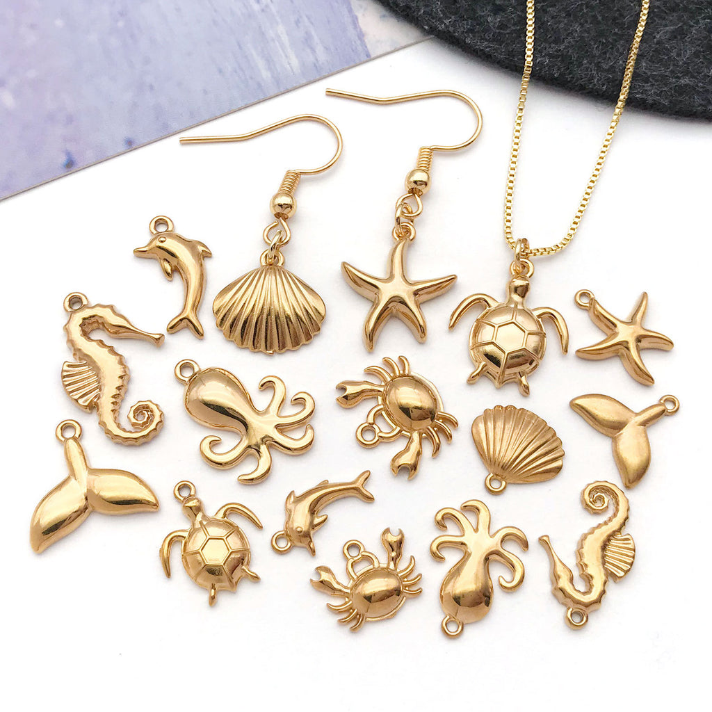 Stainless Steel Octopus Crab Dolphin Starfish Turtle Fish Charm Pendant for DIY Ocean Jewelry