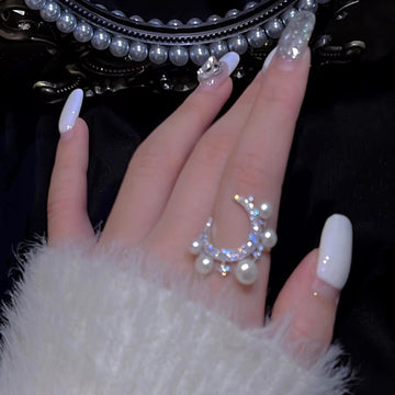 Silver Tone Crescent Moon Ring With Pearl Like Drops And Stars