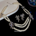 Pearl Bow Necklace Crystal Earrings Mixed 4 Styles view 2
