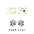 Gold Tone Pastel Blue Purple Flower And Pearl Cluster Stud Earrings view 3