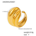 Gold Ribbed Open Cuff Ring With Layered Wave Face Design view 6