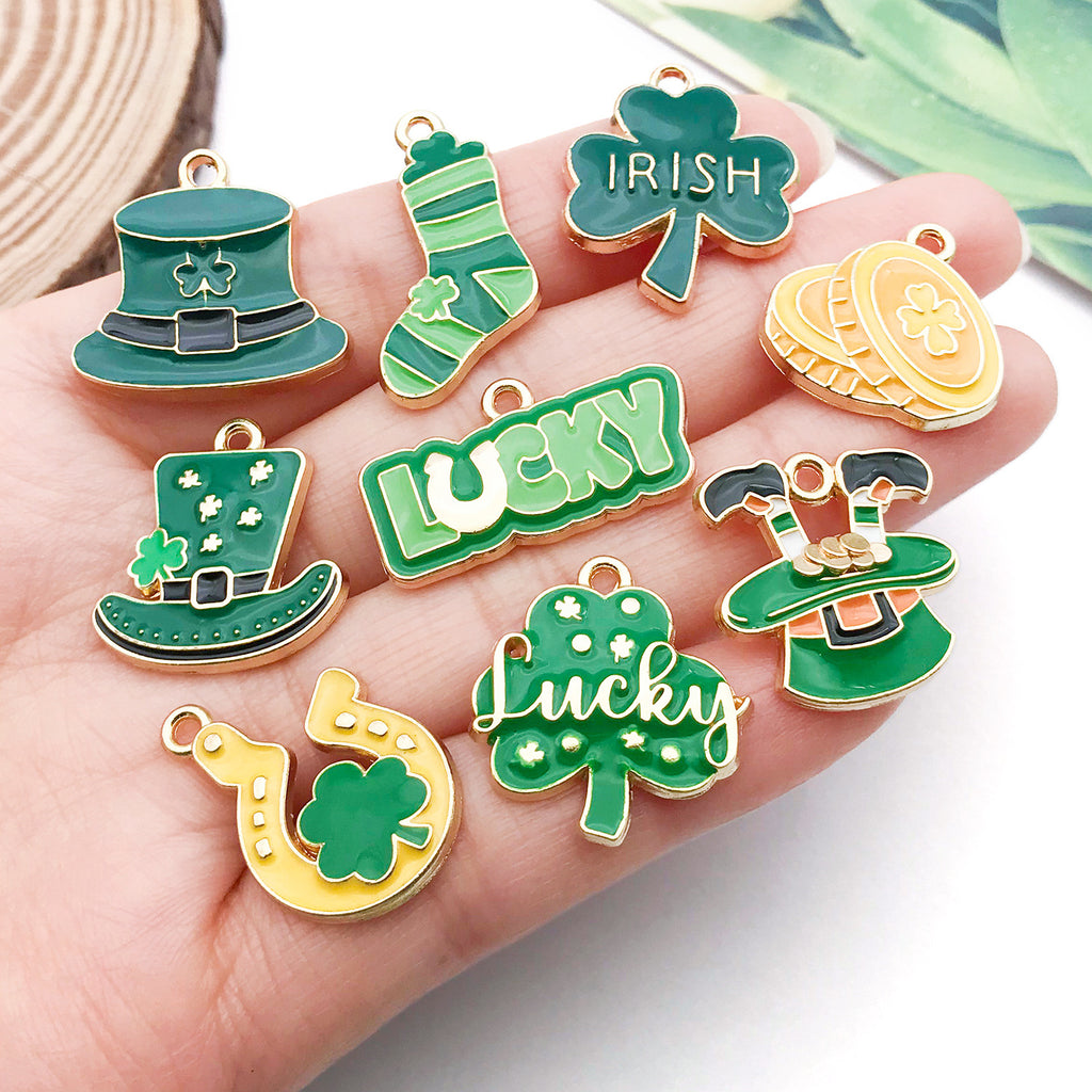 Zinc Alloy Enamel Green Lucky Clover Charm Pendant for Irish Festival Bracelet Keychain Making