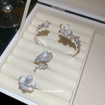 Silver Pavé Zircon Flower Open Cuff Bracelet and Rings Trio