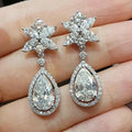 Flower Stud Pear Halo Drop Earrings White Gold Tone view 1