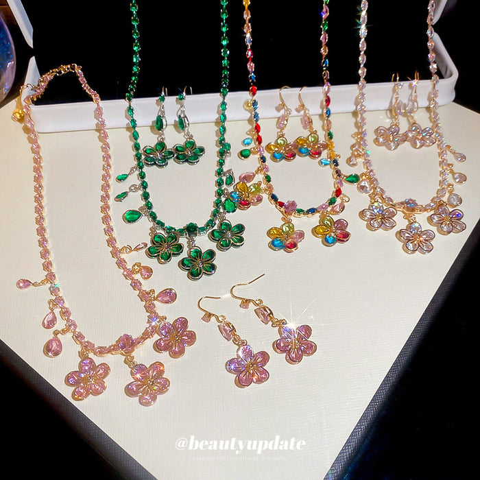 Crystal Flower Teardrop Necklace Earring Sets 3 Colors