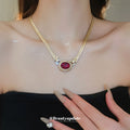 Gold Curb Chain Red Oval Rhinestone Pendant Necklace view 3